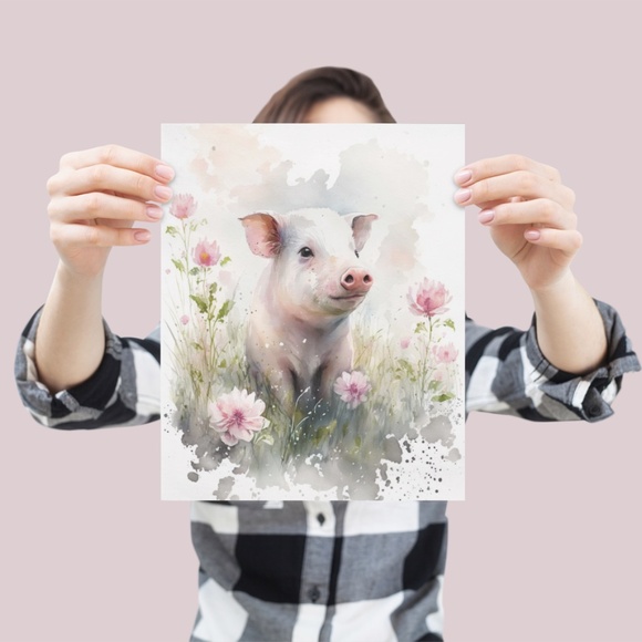 Watercolor Cute Floral Farm Pig Wall Art Illustration Print Poster Unframed - Picture 4 of 7